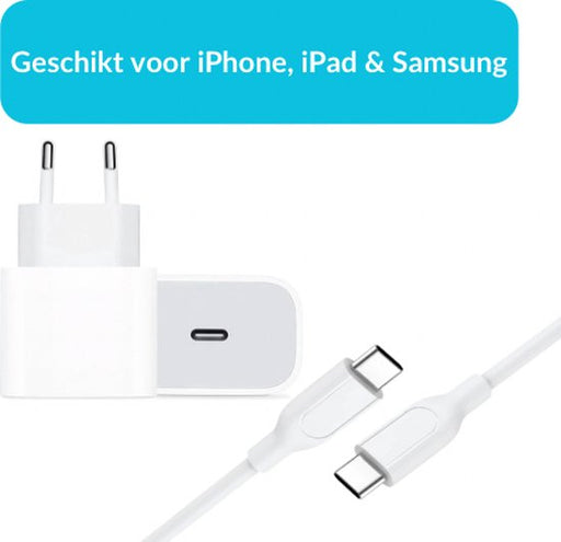 Gmedia Snellader met 1 meter USB-C naar USB-C kabel - Geschikt voor Apple iPhone 15, iPad, Samsung - Power Adapter in Wit